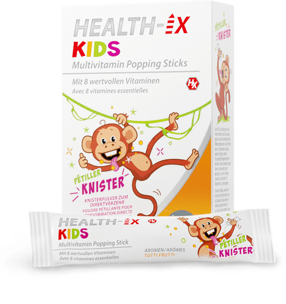 Product packaging of the Health-iX Multivitamin Popping Sticks Kids